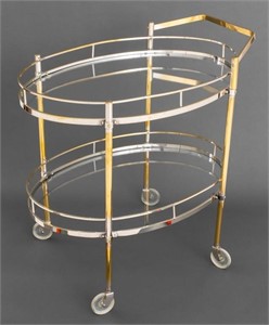 Art Deco Silver Plate Glass Top Oval Bar Cart