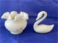 2 Fenton Pcs - Hand painted Vase & Swan