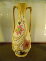 HAND PAINTED 2 HANDLED VASE WITH FLOWERS - APPROX