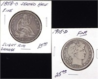 1858-o Seated Liberty & 1915-d Barber Half Dollars