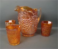 Vintage Imperial Marigold Grape Pitcher & (3)