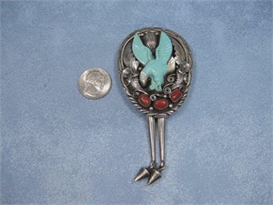 Sterling Silver Carved Turquoise Coral Bolo Pin