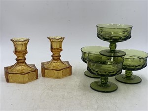 -2 Amber glass coin dot candlestick holders and 4