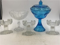Vintage aqua blue Indiana glass compote with lid