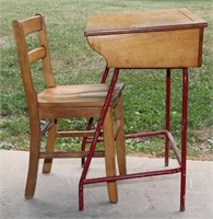 Vintage wood & steel school desk with wooden chair