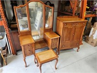 Vintage Vanity w/ Trifold Mirror and Dresser