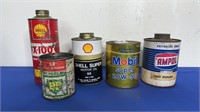 5 ASSORTED PETROL OIL TINS INCLUDE