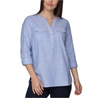 Tahari Women's XL Roll Sleeve Henley Shirt, Blue