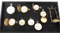 lot of 8 broken pocket watches & one hatpin stand