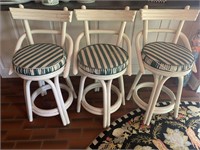 3 Ratan bar stools painted white with striped