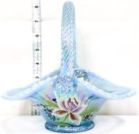 Fenton blue iridescent basket, purple/white flower