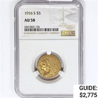 1916-S $5 Gold Half Eagle NGC AU58