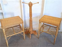 2 WICKER END TABLES AND 1 WOODEN TIE BELT STAND