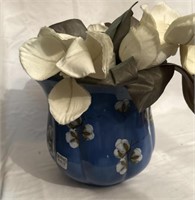 Blue ceramic 9" flower pot w/ faux magnolias