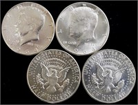 4 BU 1964 90% Silver Kennedy Half Dollars