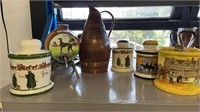 POTTERY KEG ON EPNS-EWER STAND WITH 3 TOBACCO JARS