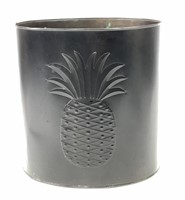 Tin trash can, stamped pineapple design, rolled