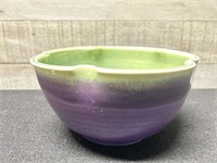 Signed Purple & Green Pottery Bowl 6.5"