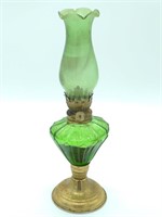 Small Green Glass Oil Lamp 10"