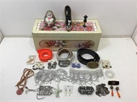 Jewelry storage casket with contents. Belts,