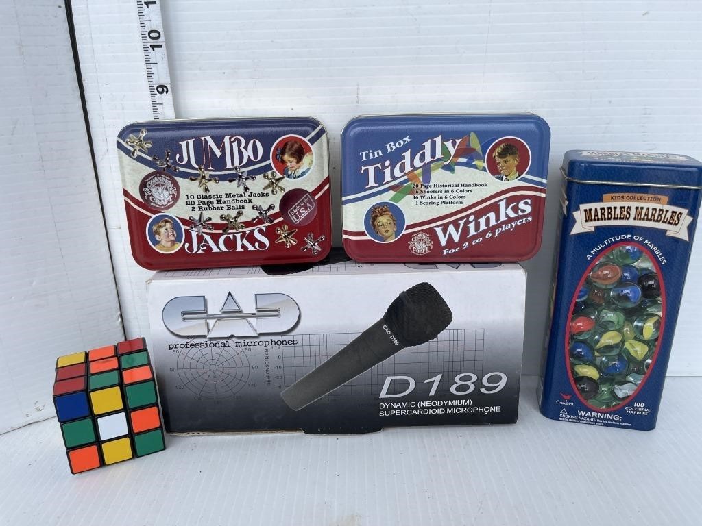 Lot- microphone, Rubix Cube, jacks, marbles, misc