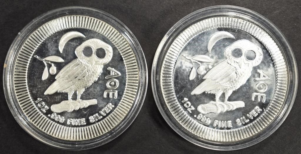 (2) 1 OZ .999 SILVER NIUE ATHENIAN OWL ROUNDS