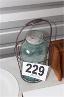 Vintage Blue Glass Ball Jar with Porcelain Lid