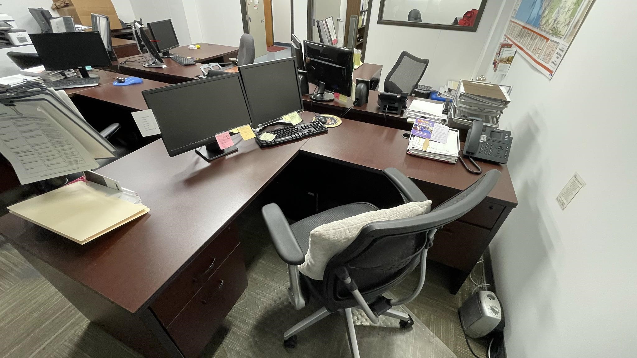 Desk Set, Mahogany L-Shape Desk w/ Contents