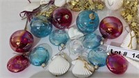 TOTE FULL OF ORNAMENTS, GLASS, VINTAGE, SEA SHELLS