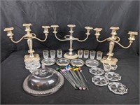 Silver Plated Candleabras, Glassware, Salt