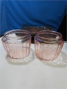 Pair of pink depression glass biscuit jars