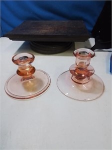 2 pink depression glass taper candle holders