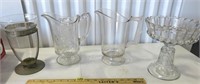 Clear Glass Vase, Embossed Heavy Pitcher, Pedestal