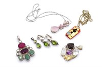 Multi gemstone set silver jewellery group