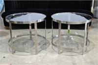 PR OF CIRCULAR STEEL SIDE TABLE WITH GLASS TOP