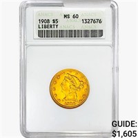 1908 $5 Gold Half Eagle ANACS MS60 Liberty