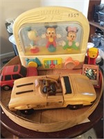 MISC. CHEESE BOX TOP ITEMS  WOOD CAR, VINTAGE