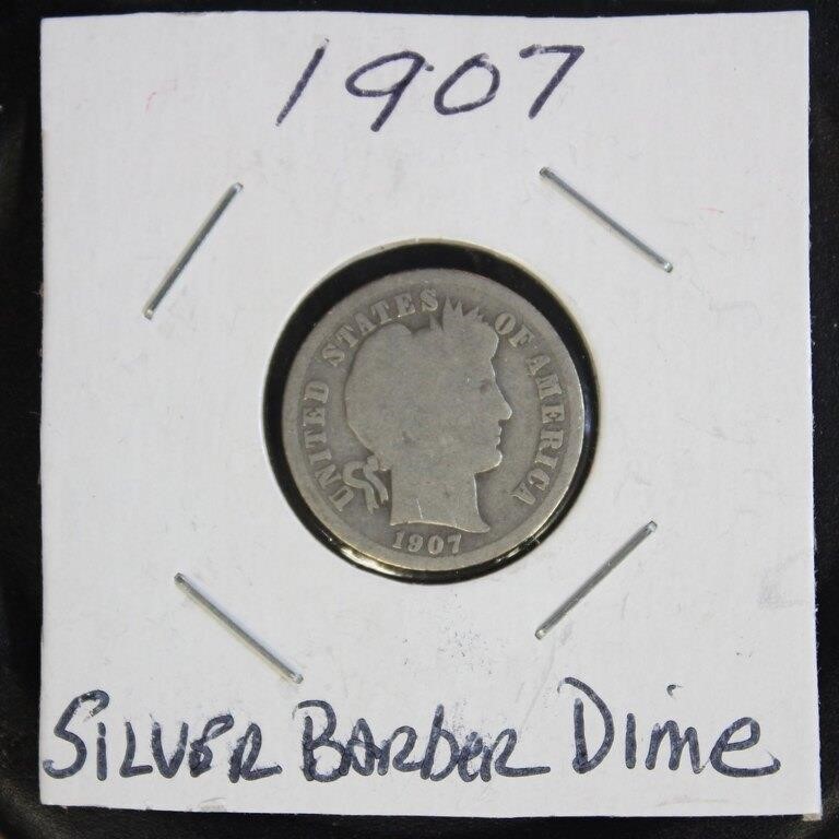 US Coins 1907 Silver Barber Dime, circulated