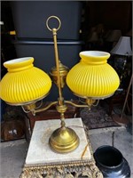 21" Brass Desk Double Lamp w/Yellow Shell Shades
