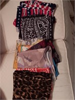 Box of women's scarves purse. Ties.