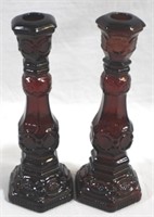 Pair Avon ruby 9" candlesticks