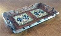 Vintage Carved Wood & Painted Tile Tray