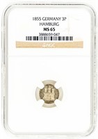 Coin 1855 3 Pfennig-Hamburg-NGC MS65