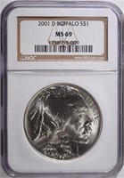 2001-D BUFFALO COMMEM SILVER DOLLAR, NGC MS-69