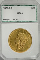 RARE 1876-CC $20 GOLD LIB. OLD PCI HOLDER CH BU+