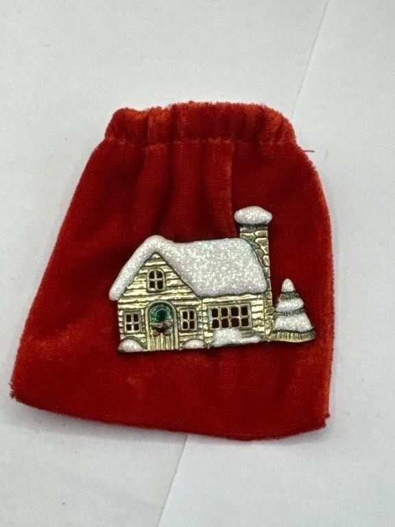 Costume Pin of Holiday house in red velvety bag