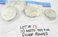10 Assorted 1 Oz .999 silver Rounds
