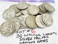 30 Walking Liberty Silver Half Dollars various