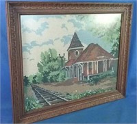 Needlepoint picture of train station framed 20 -