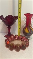 Handblown Red and Yellow Vase, Red Pedestal Candy